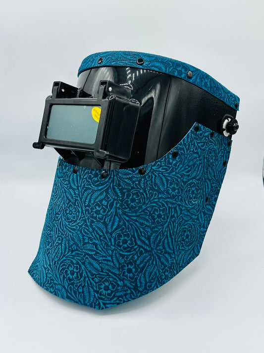 Apex Custom Black Welding Hood with Teal Floral Leather